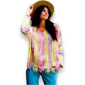 Laurie Felt Baja Sweater with Fringe Hem Detail Bright Combo Size XL/1X